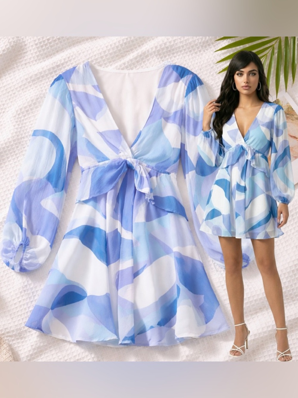 🛍️ VICI blue white ruffle, long sleeve baby doll dress SIZE MEDIUM